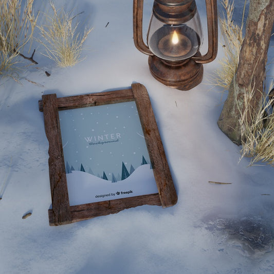 Free Frame On Snow Beside Lantern Psd