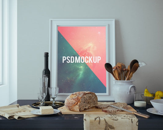 Free Frame On Table With Food Mock Up Psd