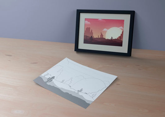 Free Frame With Landscape And Sketch On Sheet Beside Psd