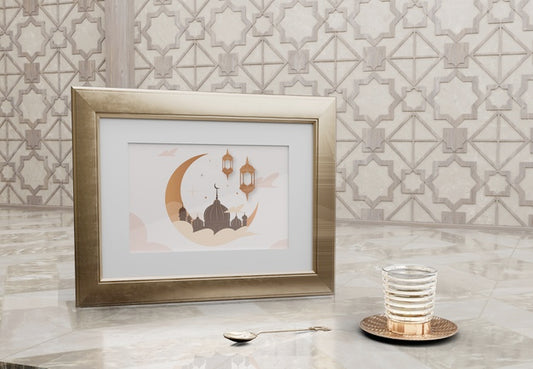 Free Frame With Mosque Picture And Glass On Marble Table Psd