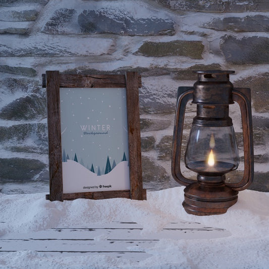 Free Frame With Winter View Beside Lantern Psd