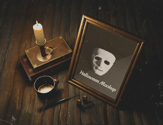Free Framed Mask On A Wooden Gothic Table Psd