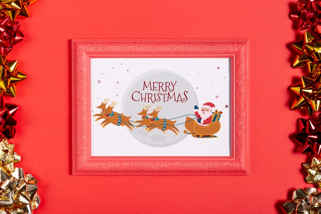 Free Framed Santa And His Reindeer Photo With Pull Bows Psd
