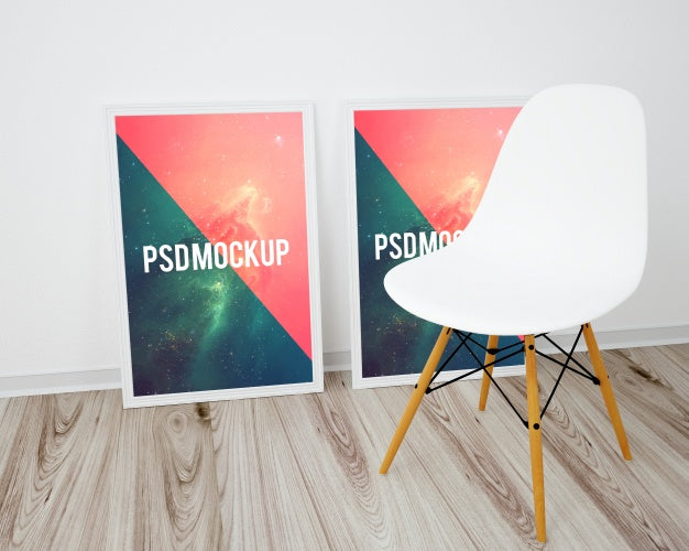 Free Frames On Wooden Floor And White Chair Mock Up Psd