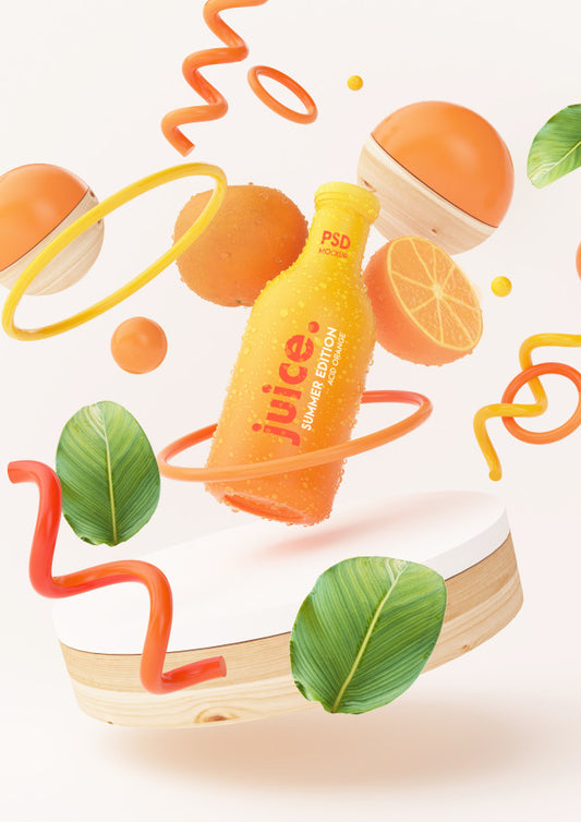 Free Fresh Orange Juice Mockup With Abstract Objects Psd