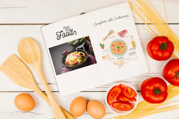 Free Fresh Tasty Foods Menu Book With Eggs And Tomatoes Psd