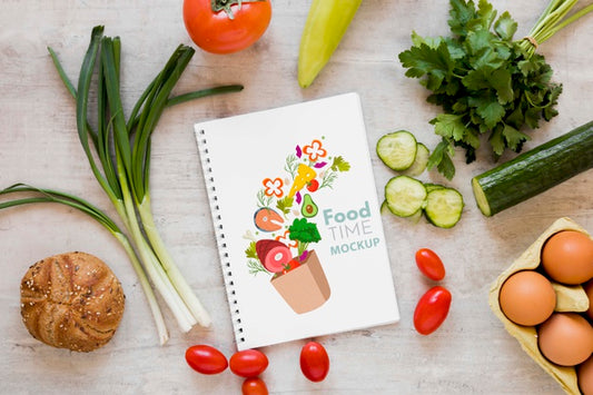 Free Fresh Vegetables And Notebook Mock-Up Psd