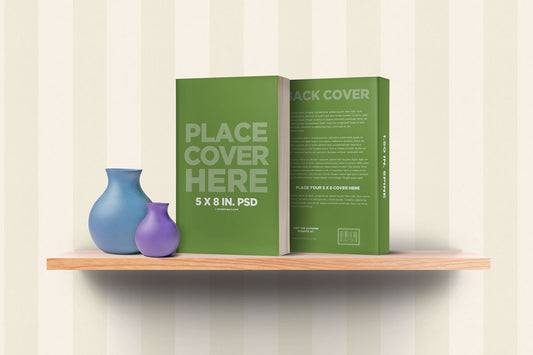 Free Front & Back Book Cover Mockup On A Wood Shelf