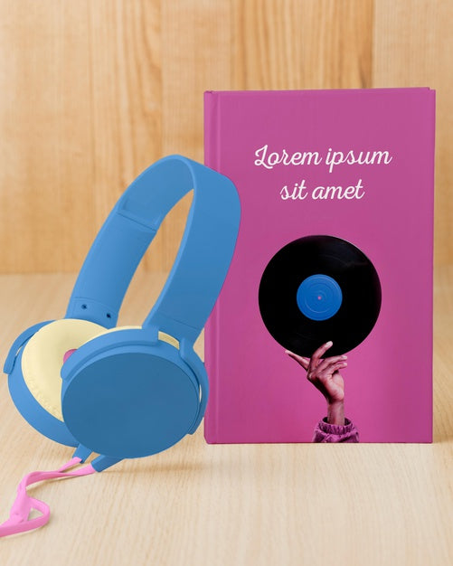 Free Front View Assortment With Book Cover Mock-Up And Headphones Psd