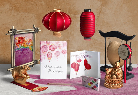 Free Front View Chinese New Year Accessories And Notebook Psd