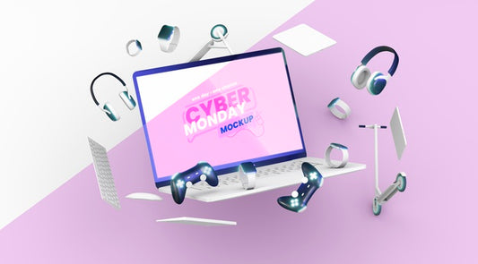 Free Front View Cyber Monday Sale Assortment Mock-Up Psd