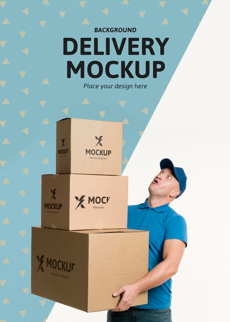 Free Front View Delivery Man Holding A Bunch Of Boxes Psd