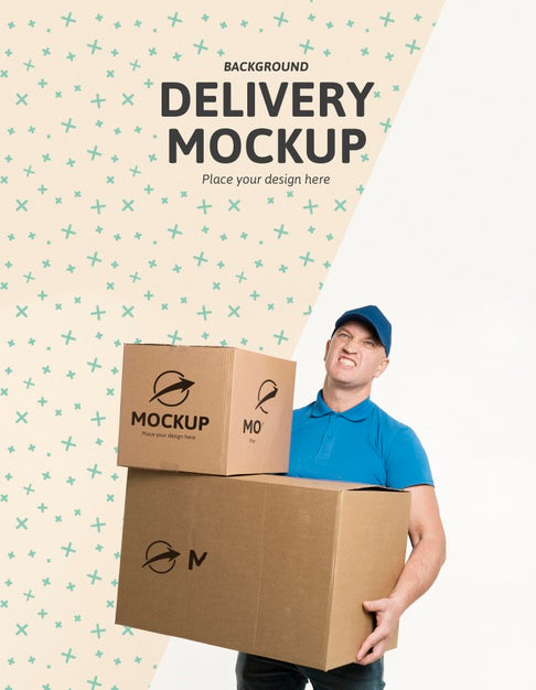 Free Front View Delivery Man Holding A Bunch Of Boxes With Background Mock-Up Psd