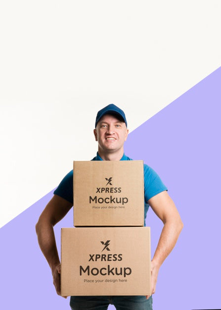 Free Front View Delivery Man Holding Some Boxes Mock-Up Psd