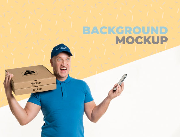 Free Front View Delivery Man Holding Some Pizza Boxes Mock-Up Psd