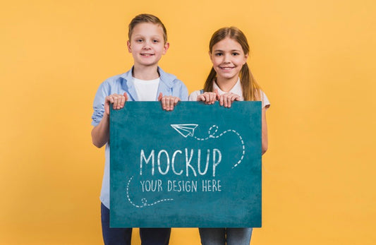 Free Front View Happy Children Holding Sign With Mock-Up Psd