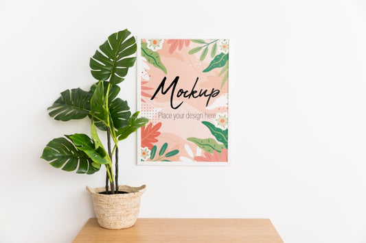 Free Front View Indoors Arrangement With Mock-Up Frame And Plant Psd
