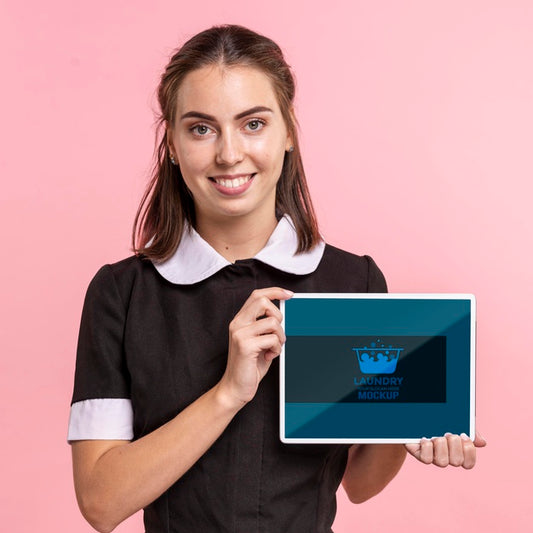 Free Front View Maid Holding Tablet Mock-Up Psd