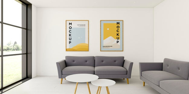Free Front View Minimalist Interior Arrangement With Frames Mock-Up Psd