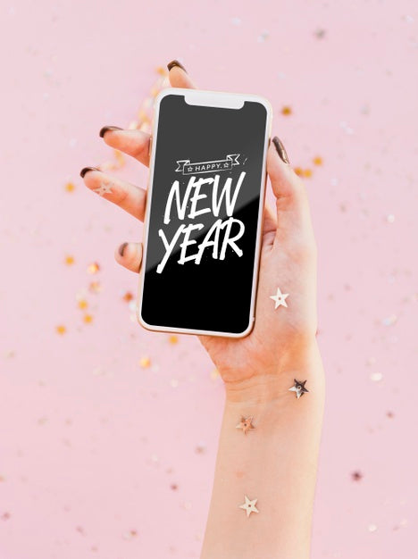 Free Front View New Year Minimalist Lettering On Phone Psd