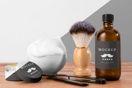 Free Front View Of Barbershop Products With Brush And Razor Psd