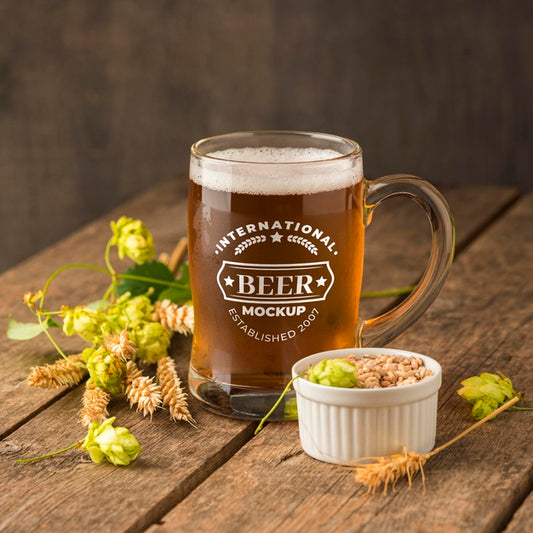 Free Front View Of Beer Pint With Barley Mock-Up Psd