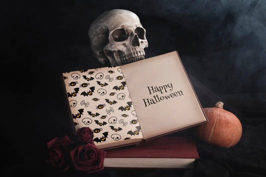 Free Front View Of Book And Skull With Black Background Psd