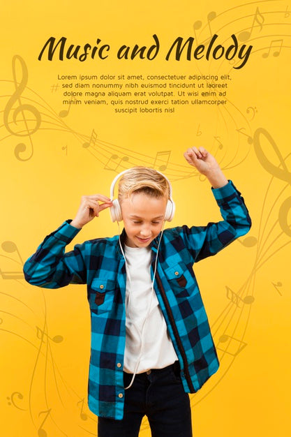 Free Front View Of Boy Dancing While Listening To Music On Headphones Psd