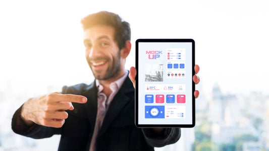 Free Front View Of Businessman Holding And Pointing At Tablet Psd