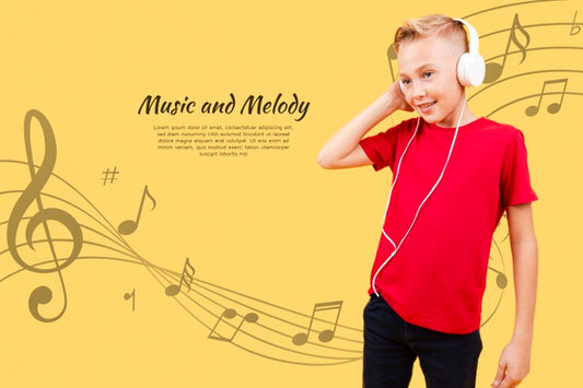 Free Front View Of Child Listening To Music On Headphones Psd