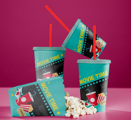 Free Front View Of Cinema Cups With Straws And Popcorn Psd