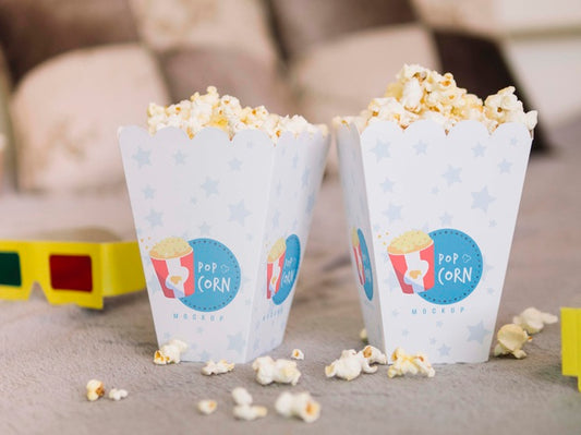Free Front View Of Cinema Glasses And Popcorn Cups Psd