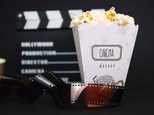 Free Front View Of Cinema Glasses With Popcorn And Film Psd