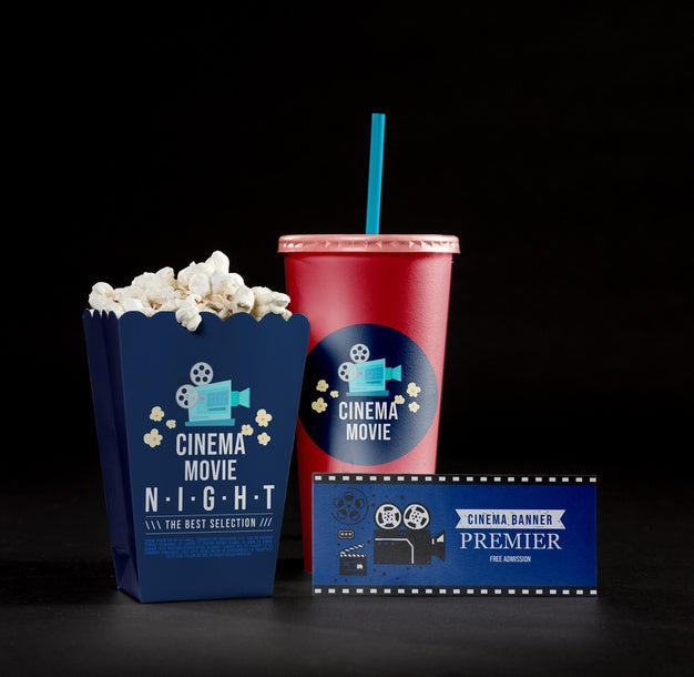 Free Front View Of Cinema Popcorn With Cup And Card Psd