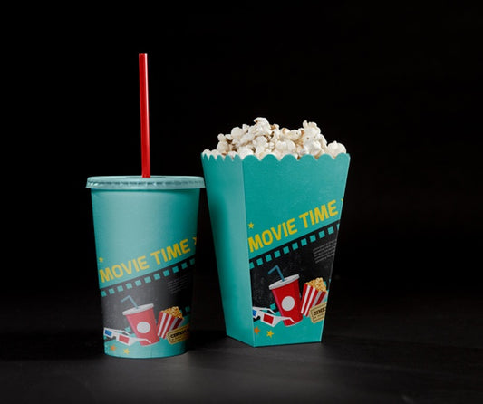 Free Front View Of Cinema Popcorn With Cup And Straw Psd