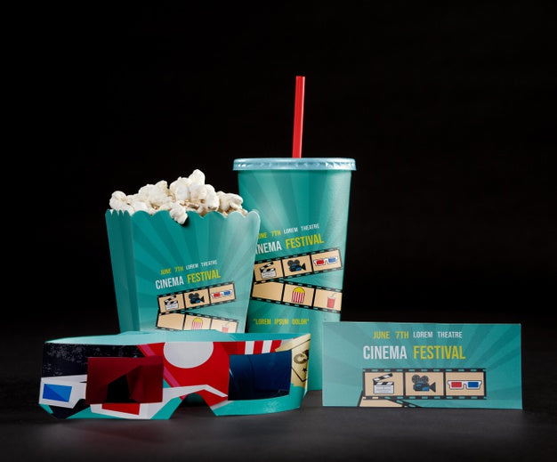 Free Front View Of Cinema Popcorn With Cup And Threedimensional Glasses Psd