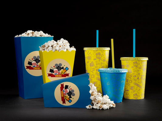 Free Front View Of Cinema Popcorn With Cups And Straws Psd
