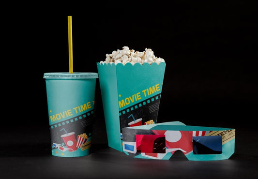 Free Front View Of Cinema Popcorn With Threedimensional Glasses And Cup Psd