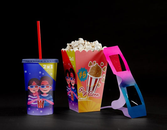 Free Front View Of Cinema Popcorn With Threedimensional Glasses Psd