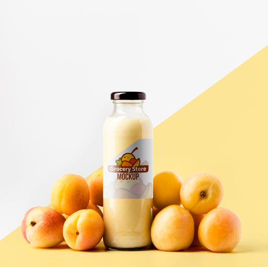 Free Front View Of Clear Juice Bottle With Peaches Psd