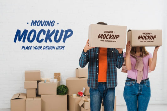 Free Front View Of Couple Posing With Moving Boxes Mock-Up Psd