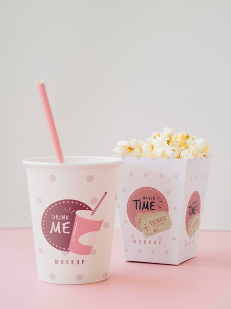 Free Front View Of Cups With Popcorn And Soda For Cinema Psd