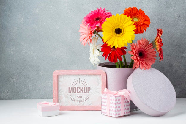 Free Front View Of Daisy Pot With Gifts And Frame Psd