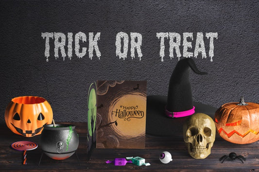 Free Front View Of Halloween Concept On Wooden Table Psd