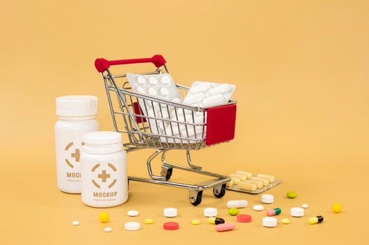 Free Front View Of Medicine Bottles With Pills And Shopping Cart Psd