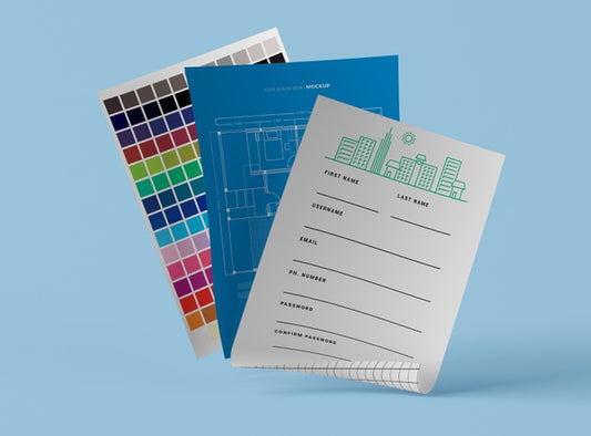Free Front View Of Mock-Up Paper Blueprint And Palette Psd