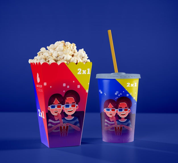 Free Front View Of One Cup With Straw And Cinema Popcorn Psd