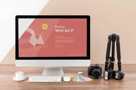 Free Front View Of Photographer Wooden Workspace With Computer Monitor Psd