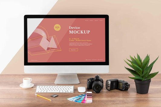 Free Front View Of Photographer Wooden Workspace With Computer Monitor Psd