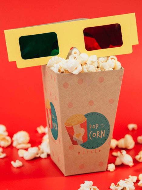 Free Front View Of Popcorn Cup With Three-Dimensional Glasses Psd